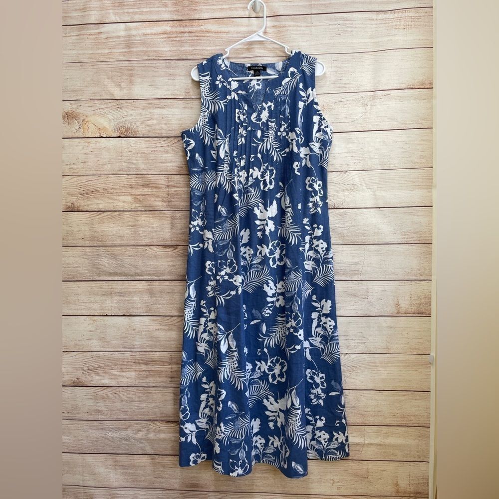 CHADWICKS LINEN BLEND MAXI DRESS IN BLUE AND WHITE FLORAL
